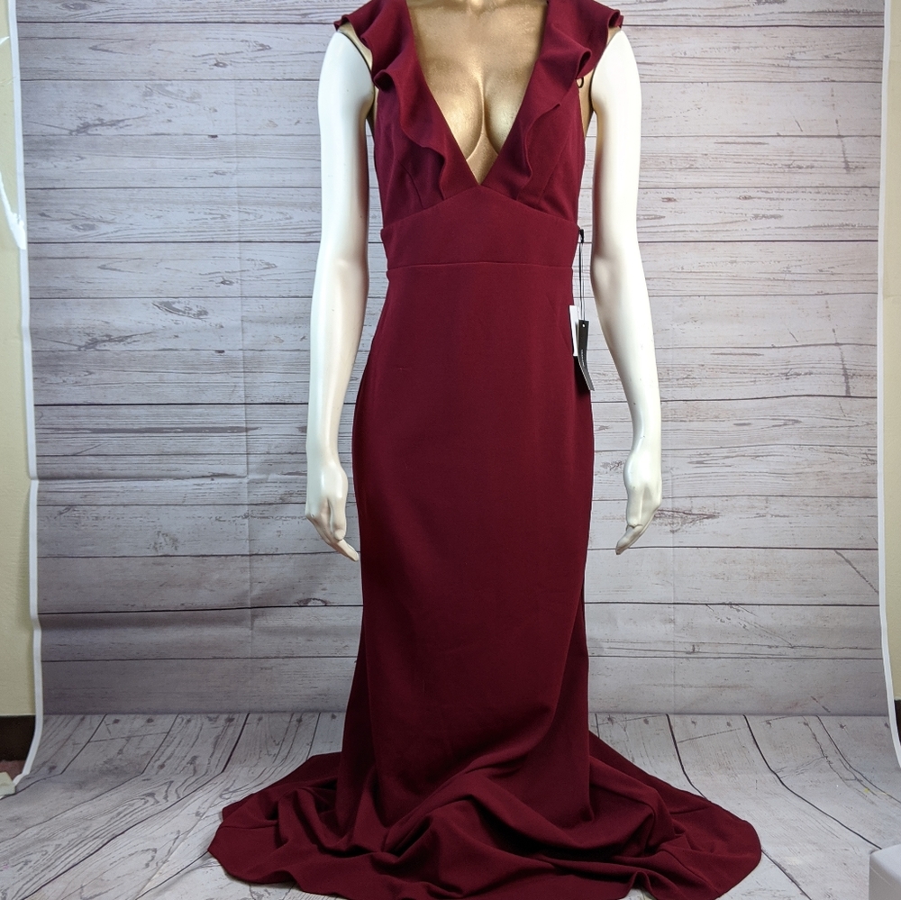 Lulu's Ruffle Deep V-Neck Burgundy Gown Large